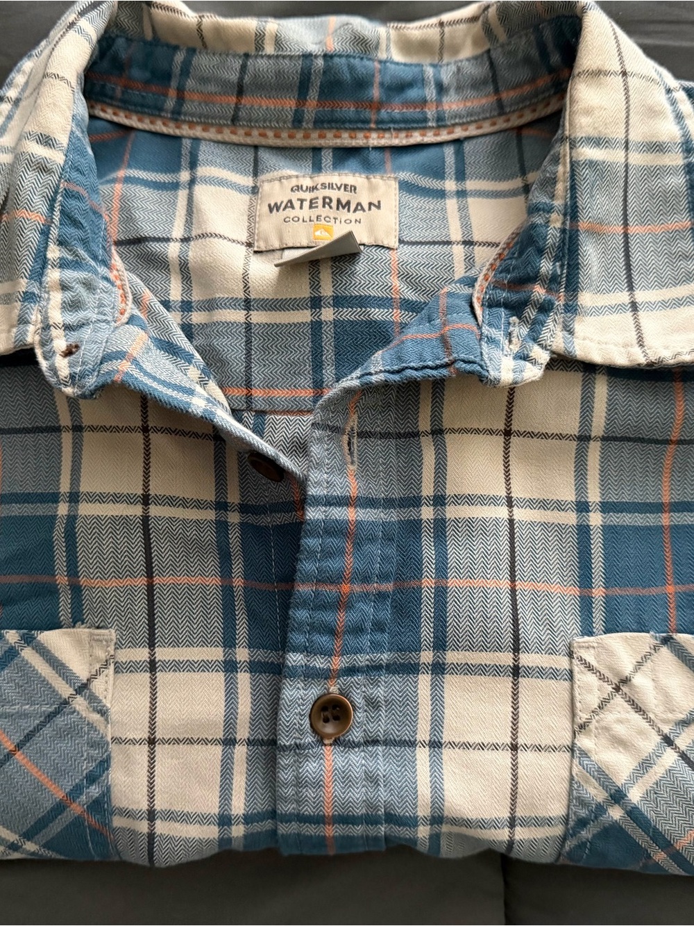 Quiksilver Men’s Waterman Blue and White Plaid Button-Down Shirt, XL